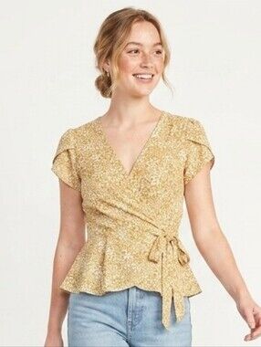 AUW Yellow Floral Wrap Peplum Top